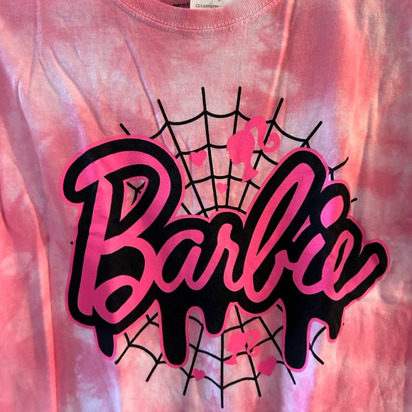 Barbie Pink and White Tie-Dye Junior/Womens Halloween Spider Web Tee - Picture 3 of 6